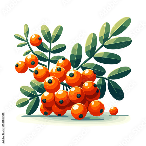 Cluster of vibrant orange sea buckthorn berries with green leaves in a playful design
