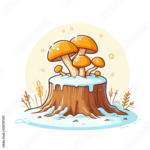Winter mushrooms growing on snowy tree stump illustration. Ideal for seasonal foraging guides, winter ecosystem education, and holiday-themed natural decor.