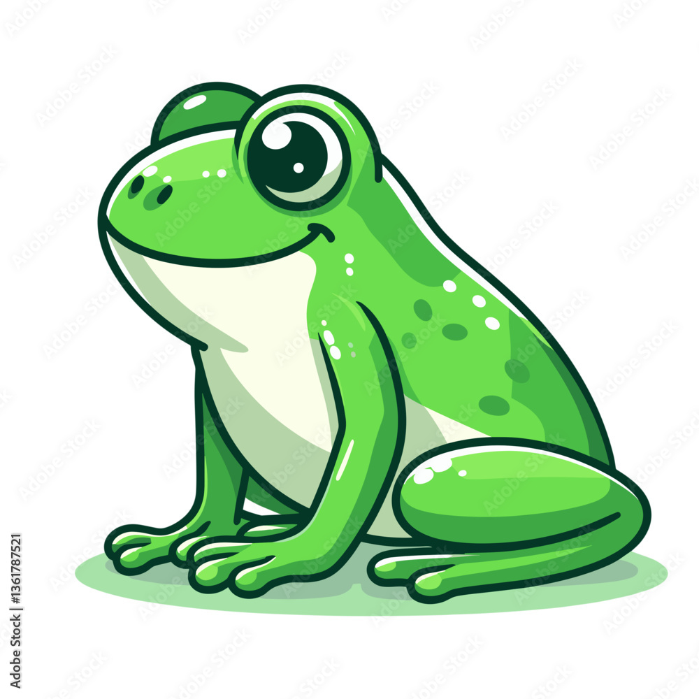 Naklejka premium Cute cartoon frog with spotted green skin in sitting pose. Perfect for children's book illustrations and wildlife education.