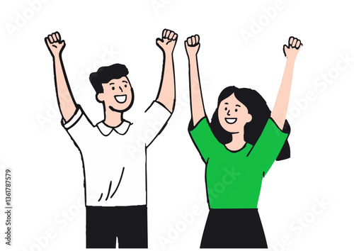Vector illustration of a casually dressed man and woman celebrating with a triumphant pose