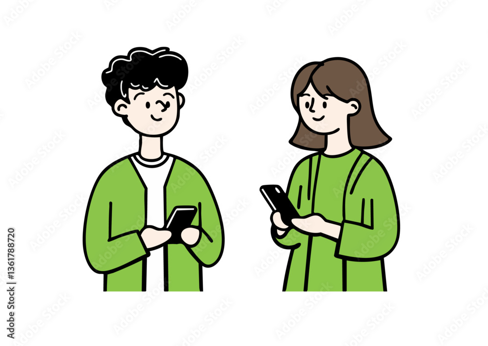 Vector illustration of a man and woman operating smartphones Vector illustration of a man and woman operating smartphones