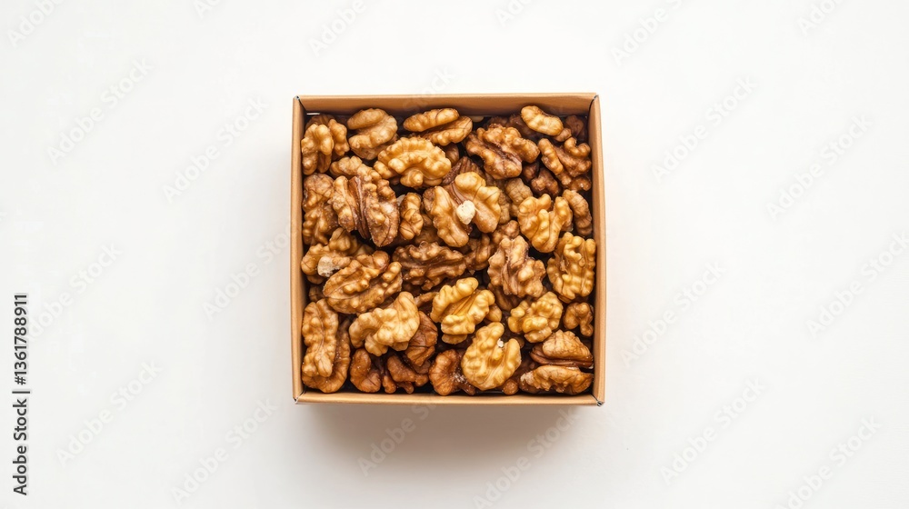 Obraz premium Walnuts in a cardboard box on white background. Possible use food photography