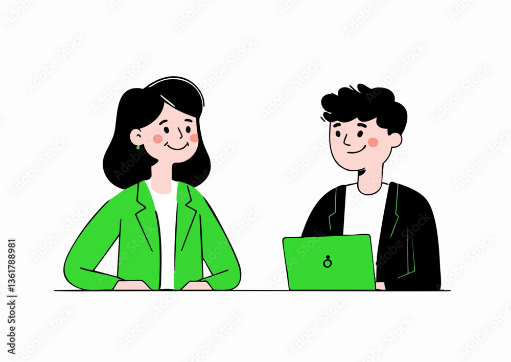 Vector illustration of a man and woman in suits working on laptops Vector illustration of a man and woman in suits working on laptops