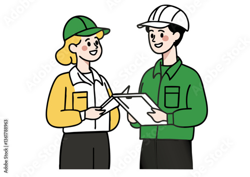 Vector illustration of a man and woman in workwear collaborating