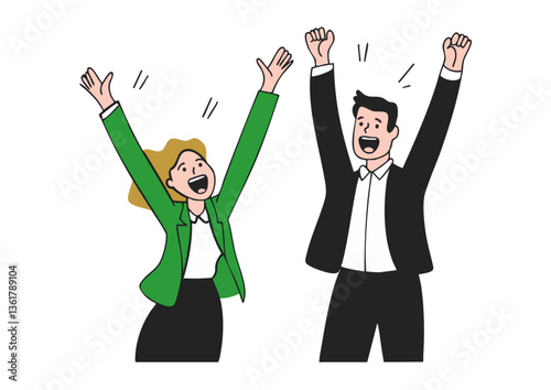Vector illustration of a man and woman in suits celebrating with a triumphant pose