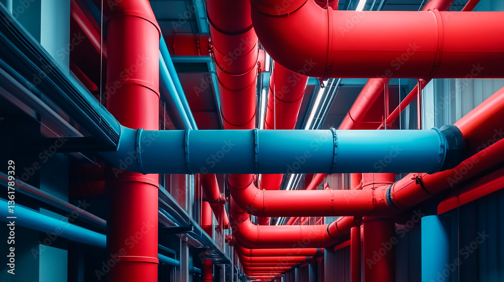 A complex network of red and blue pipes running overhead in an industrial or mechanical setting A complex network of red and blue pipes running overhead in an industrial or mechanical setting