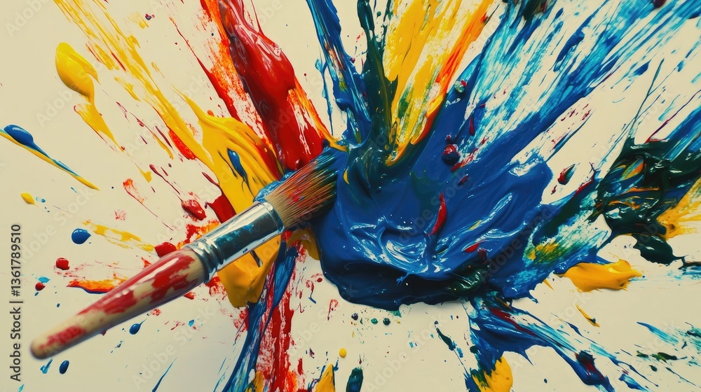 Aerial view of a paintbrush and colorful paint blob on a white canvas, illustrating creative artistic expression with vivid splashes of color. Aerial view of a paintbrush and colorful paint blob on a white canvas, illustrating creative artistic expression with vivid splashes of color.