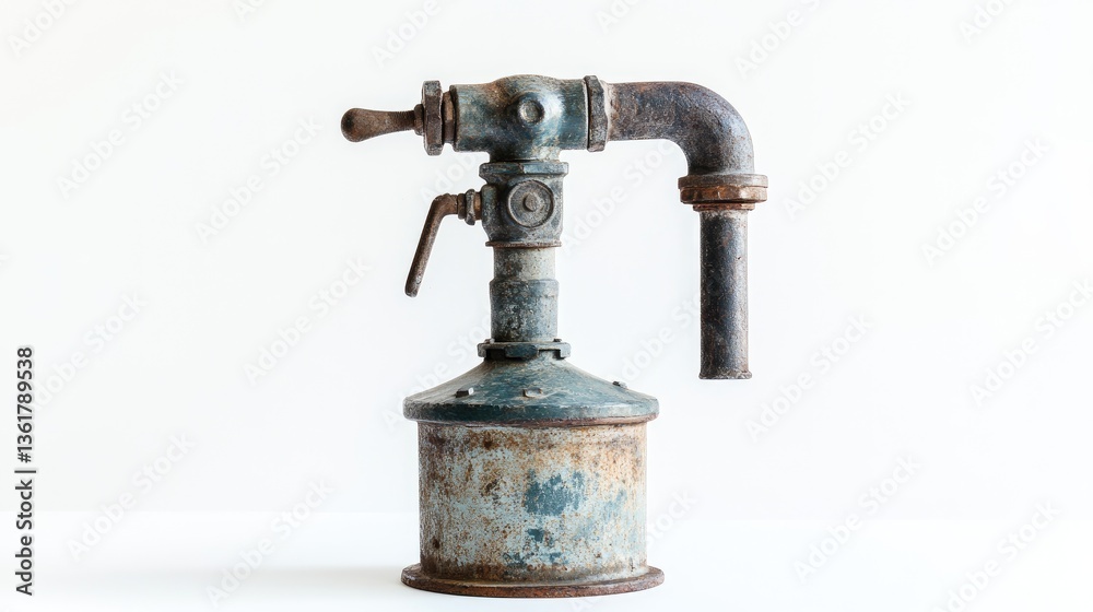 An isolated rustic water pump with a spigot on a white background, conveying an antique, industrial aesthetic with nostalgic charm. An isolated rustic water pump with a spigot on a white background, conveying an antique, industrial aesthetic with nostalgic charm.