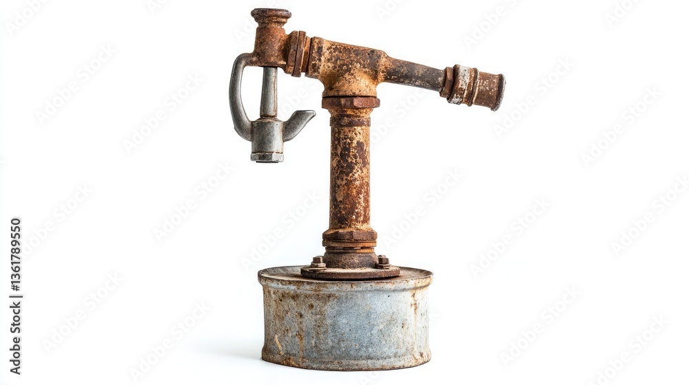 An isolated rustic water pump with a spigot on a white background, conveying an antique, industrial aesthetic with nostalgic charm. An isolated rustic water pump with a spigot on a white background, conveying an antique, industrial aesthetic with nostalgic charm.