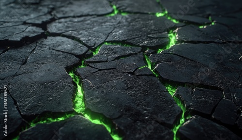 Cracked, dark stone surface with glowing green fissures