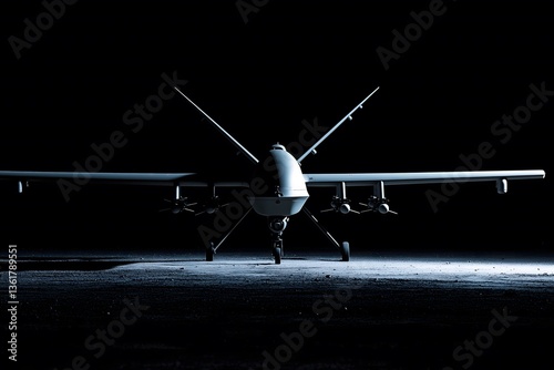 Unmanned aircraft system for military use with advanced reconnaissance and defense capabilities. Dark aviation concept for security, surveillance and protection.