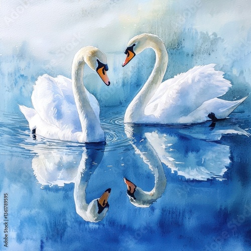 Fototapeta Naklejka Na Ścianę i Meble -  A watercolor painting of two elegant swans mirrored in a calm blue lake with a soft sky in the background showcasing gentle ripples.