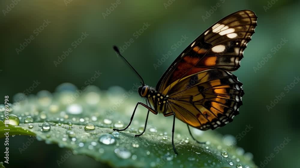 Stunning orange butterfly on a dew covered leaf in a lush green natural environment Macro showcasing intricate details Stunning orange butterfly on a dew covered leaf in a lush green natural environment Macro showcasing intricate details