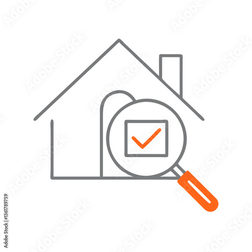 A house icon with a magnifying glass highlighting a checkmark, representing home inspection, property evaluations, real estate services, and the quality assurance in housing.