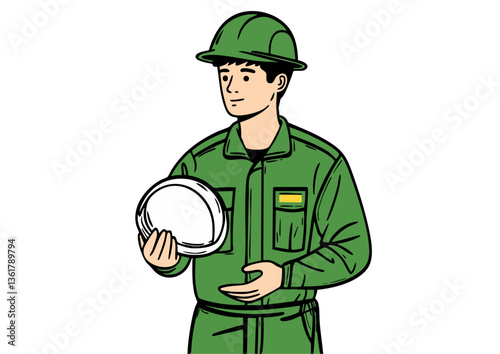 Vector illustration of a man in workwear holding a helmet