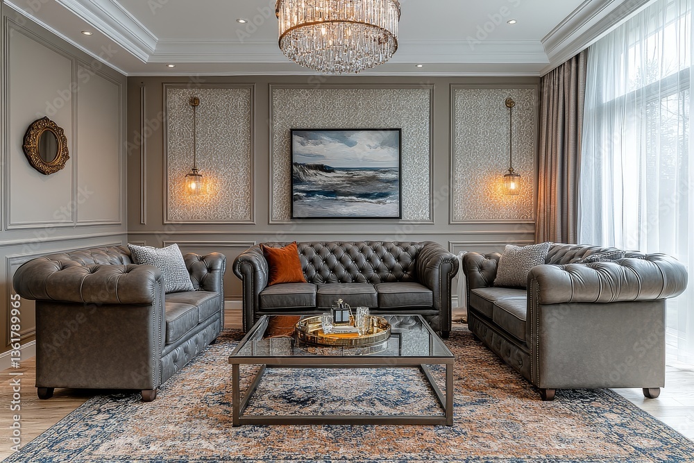 Fototapeta premium Modern living room with patterned wallpaper, grey leather couches, chandelier, vintage-inspired lighting, and luxurious decor.