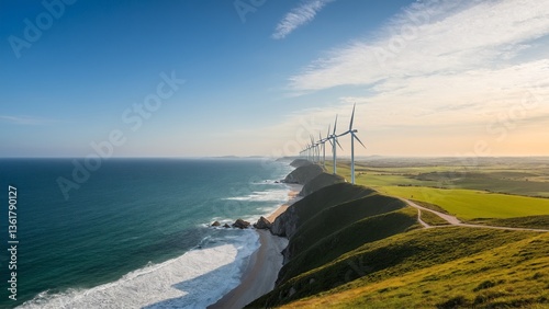 Coastal Wind Farm Symphony: Clean Energy Meets Scenic Beauty on a Stunning Cliffside Overlooking the Azure Ocean.