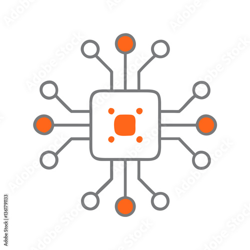 A central microchip connected to nodes, symbolizing computer processors, artificial intelligence, hardware architecture, and digital information flow in modern electronics.

