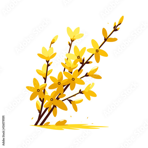 Yellow forsythia branches with bright blooms in spring style. Ideal for seasonal decor themes, botanical prints, and early spring celebration graphics.