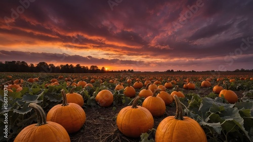 A vibrant pumpkin field at sunset, showcasing ripe pumpkins amidst lush green foliage under a dramatic sky. photo