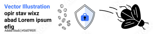 Shield with lock icon symbolizing cybersecurity, coins denoting finance, and a bug indicating digital threats. Ideal for technology, internet safety, data protection, hacking prevention, finance