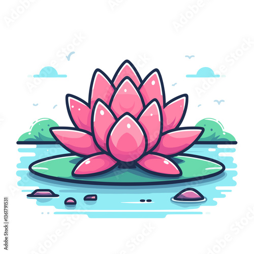 Pink lotus flower on water lily pad in tranquil blue water. Perfect for wellness branding, meditation themes, and Asian-inspired spiritual content.