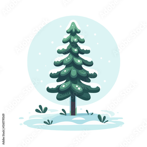 Pine tree illustration in winter landscape with blue circular background. Ideal for holiday season graphics, winter outdoor themes, and mountain destination marketing.