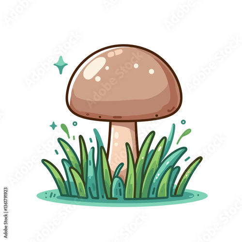 Brown mushroom with stem growing in green grass. Perfect for foraging guides and forest floor ecosystem illustrations.