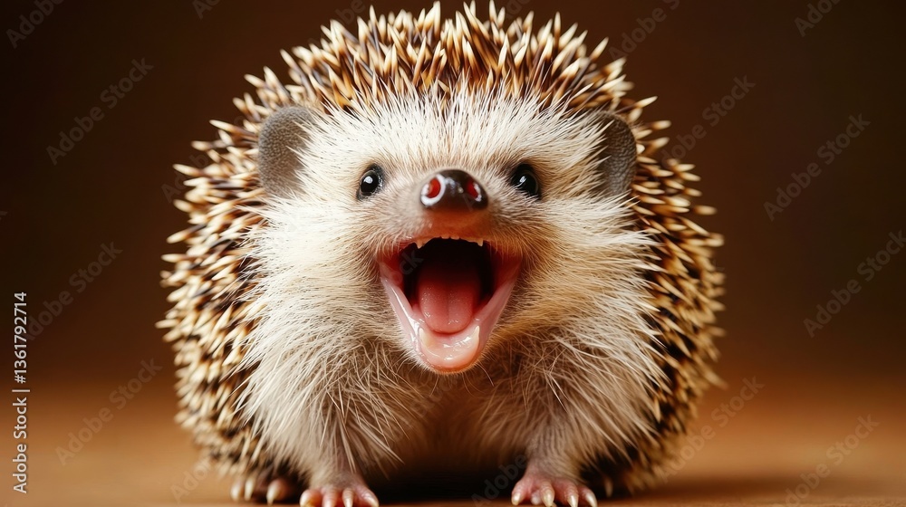 Delightful hedgehog opens its mouth wide, looking up with a cheerful expression in an enchanting indoor setting Delightful hedgehog opens its mouth wide, looking up with a cheerful expression in an enchanting indoor setting