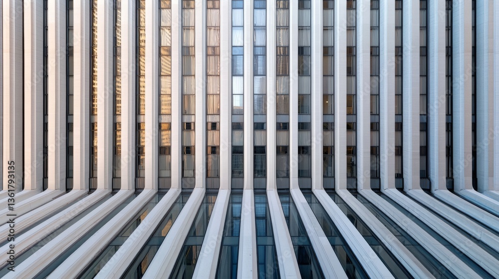Obraz premium Perspective shot captures a skyscraper's facade with clean lines and geometric patterns, creating a sense of depth and modernity.