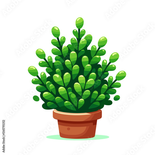 Stylized green shrub in a terracotta pot with a vibrant illustration style