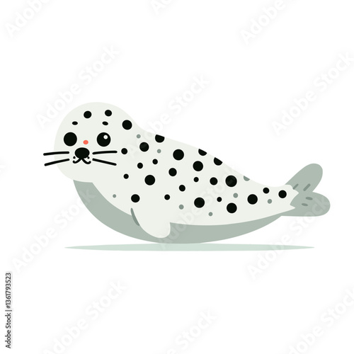Cute cartoon spotted seal with whiskers in resting pose. Ideal for marine life education and arctic wildlife conservation materials.