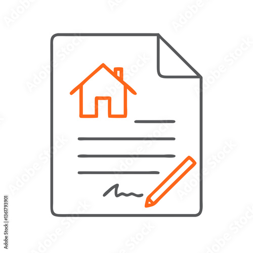 Document with house icon and signature, representing property purchase, real estate agreement, and rental contract
