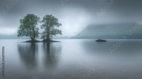 Misty lake with two trees on a small island.