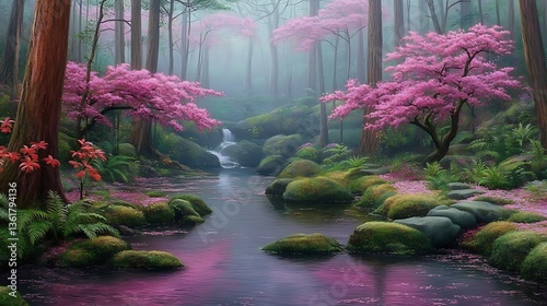 Misty forest stream with pink blossoms.