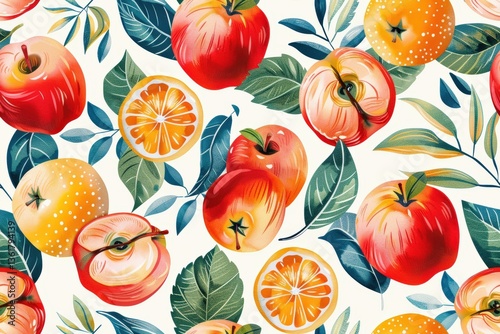 Vibrant and colorful apple and orange pattern with green leaves in watercolor background style. Seamless pattern backdrop concept.