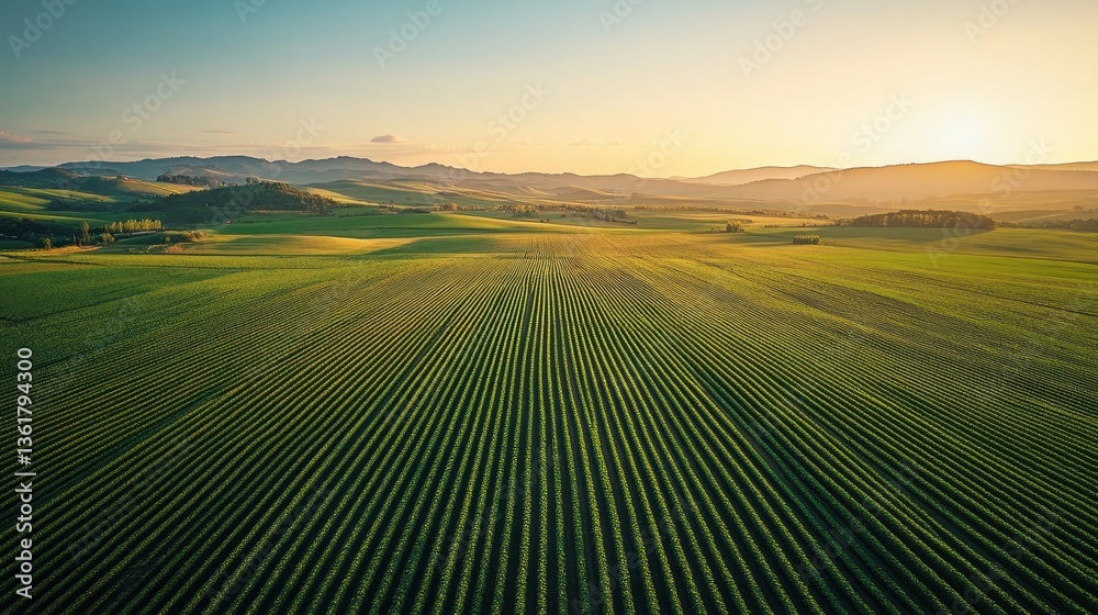 Obraz premium Lush green crops stretch into the horizon, meeting distant, hazy mountain peaks. Use for agriculture, nature, or rural landscapes, evoking a sense of serenity.