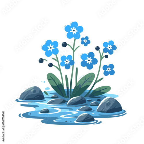 Blue forget-me-not flowers growing by water among rocks in watercolor style. Ideal for serene nature scenes, water garden design and botanical illustrations.