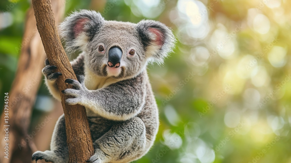 Fototapeta premium Curious koala exploring a tree branch in the lush Australian wilderness during the golden hour, full of wonder and charm