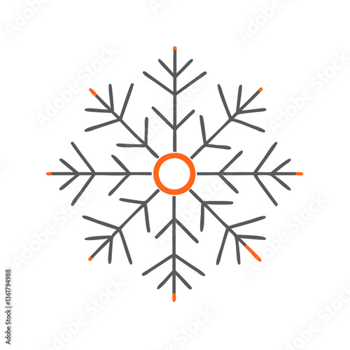 Stylized snowflake illustration featuring geometric patterns in black and orange, showcasing winter aesthetics, ideal for seasonal decor and holiday themes.
