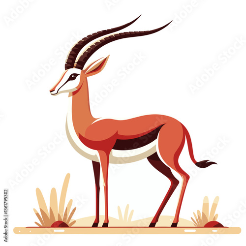 Elegant gazelle with long horns in tan and brown colors on savanna. Perfect for African wildlife education, safari tourism promotion, and natural habitat conservation messaging.