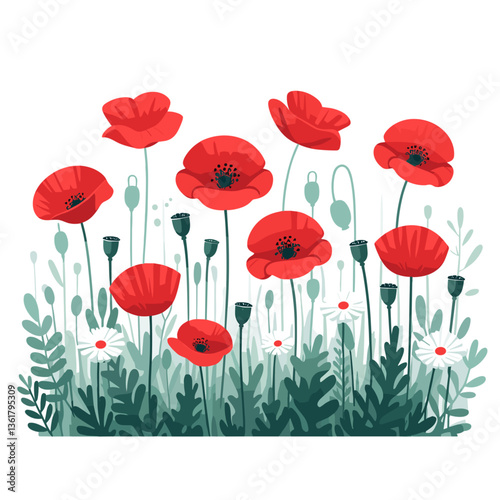 Red poppies field with tall stems and grass in painterly style. Ideal for memorial themes, wildflower landscape art, and serene nature visualization projects.