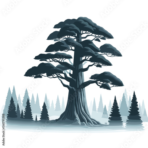 Majestic cedar tree with layered branches against misty forest background. Perfect for ancient woodland themes, national park imagery, and natural heritage conservation content.