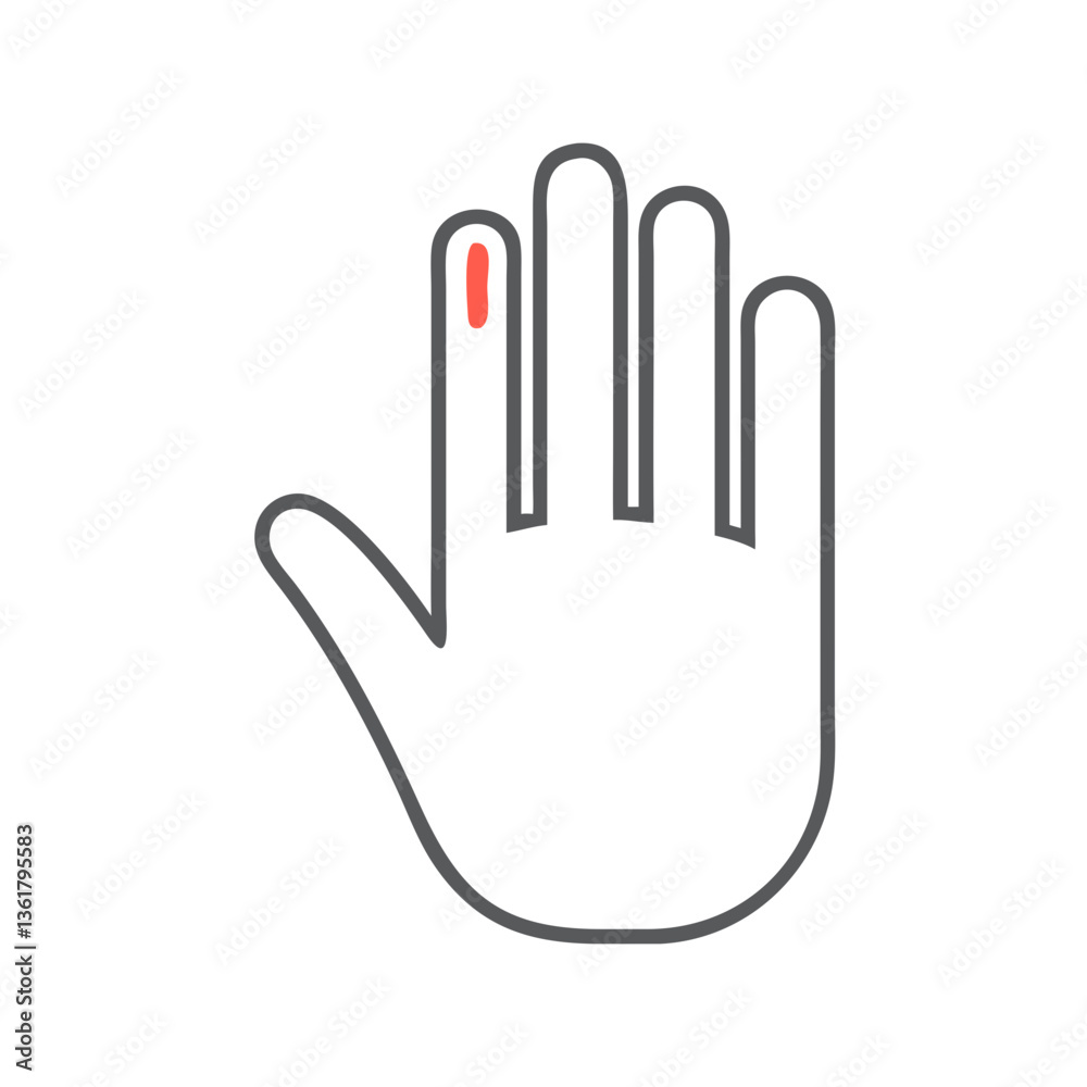 A graphic representation of a human hand with a red spot on the finger, symbolizing injury awareness, medical illustrations, healthcare communication, and safety reminders. A graphic representation of a human hand with a red spot on the finger, symbolizing injury awareness, medical illustrations, healthcare communication, and safety reminders.