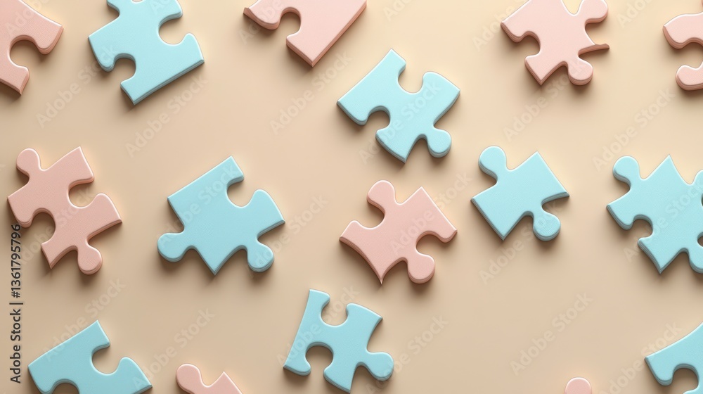 Fototapeta premium Pastel puzzle pieces, scattered, flat lay. Background neutral color, possible for use in education, design inspiration