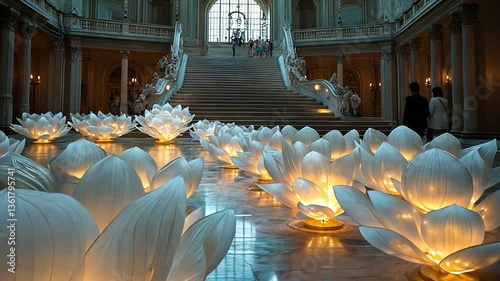 Elegant illuminated lotus flowers in a grand hall with ornate staircase