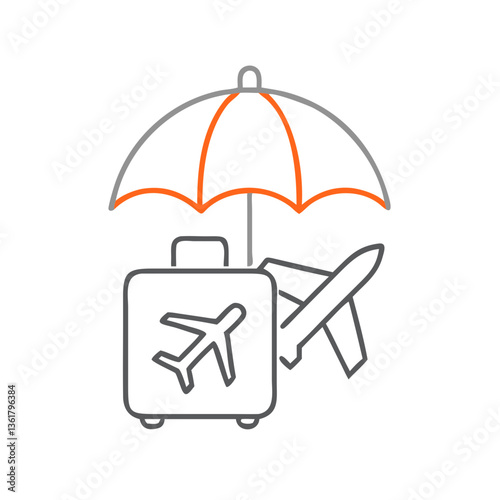 Stylized illustration of a suitcase with an airplane icon and a protective umbrella overhead, concept travel safety and insurance for travelers, great for vacation planning and adventure content.