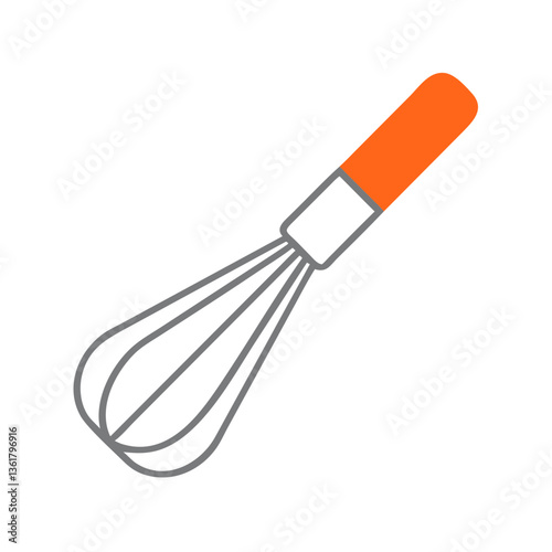 An orange-handled whisk in a minimalistic style, depicted in flat design against a clean white background, representing cooking tools and kitchen essentials for culinary arts.