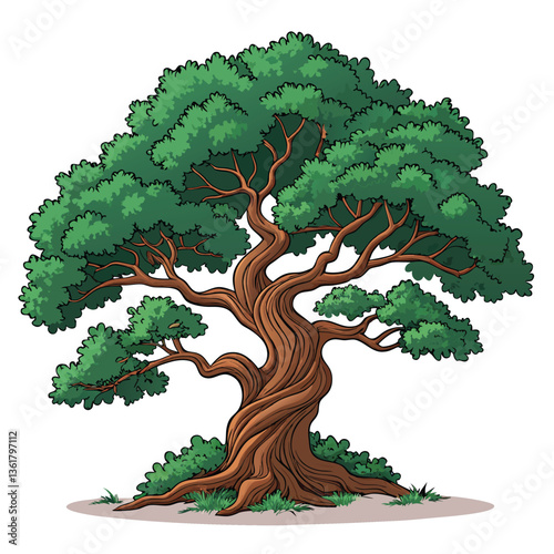 Create a bold vector illustration of an oak bonsai tree, emphasizing strong, stylized strokes and dramatic contrast.