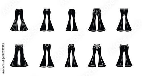 A set of ten classic bell bottom pant vector silhouette designs. Simple collection. Isolated bundle on white background.